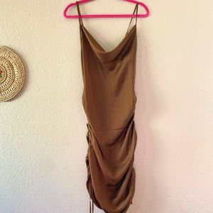 Bronze silky midi dress shirred sides